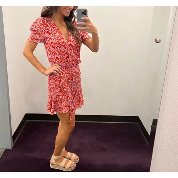 Tanya Taylor Red Floral Mini Wrap Dress Size 4 Silk Chiffon Ruched Designer $500 - Picture 6 of 13